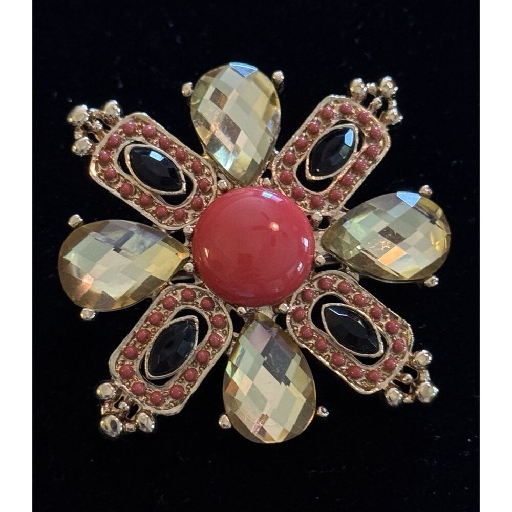 Vintage MCM brooch pin coral colored yellow black accents gold tone elegant fall